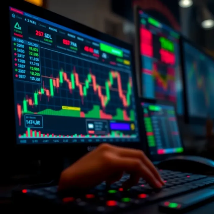 Digital representation of binary options trading with financial charts and data