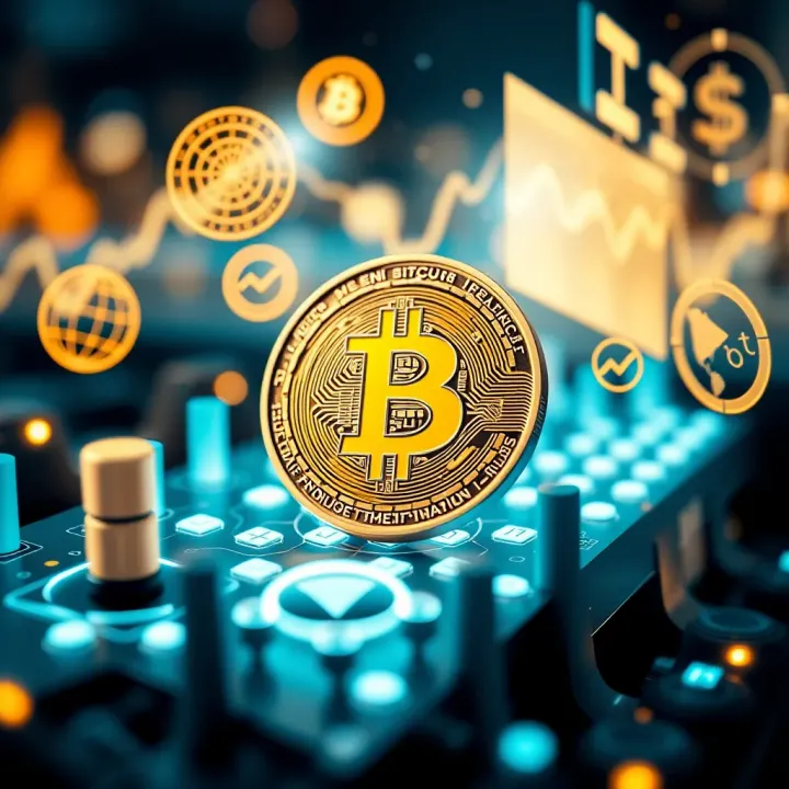 Digital representation of Bitcoin surrounded by futuristic financial icons symbolizing technological advancements and economic integration