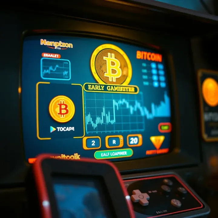 Screenshot of a vintage video game interface featuring early Bitcoin rewards