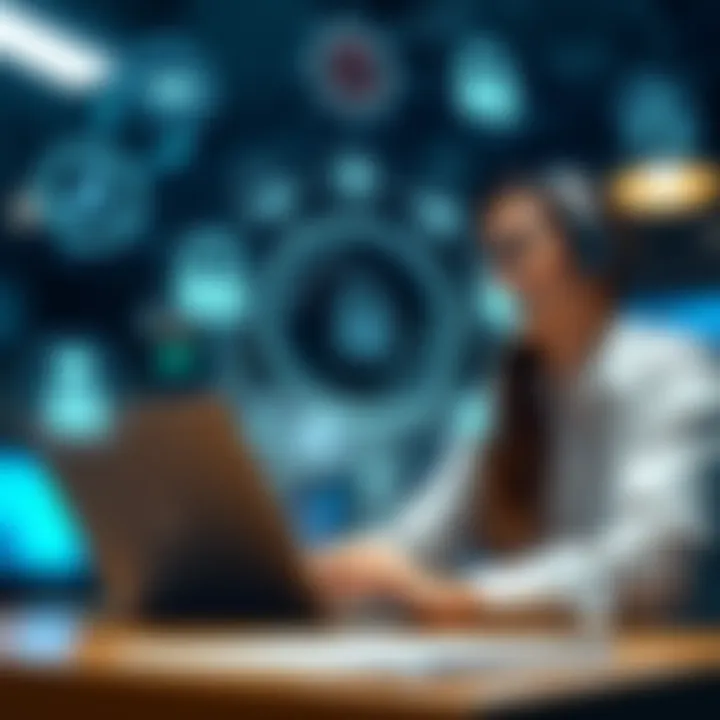 Customer support interaction with digital financial tools and secure transaction icons