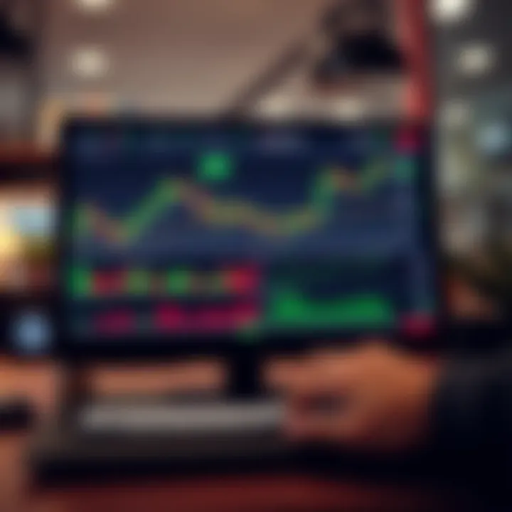 Trading platform interface displaying simulated financial charts and market data