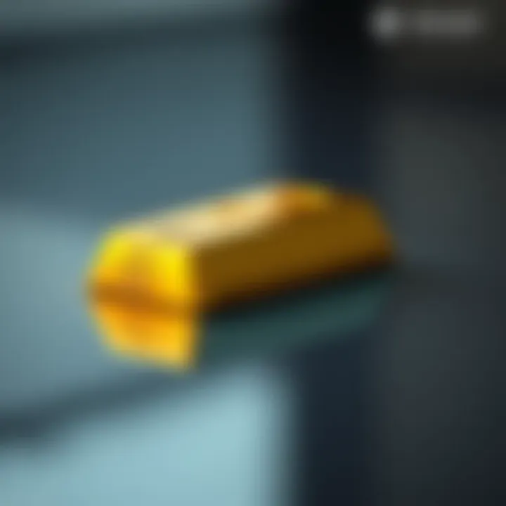 Standard gold bar resting on a reflective surface showcasing its shiny metallic finish