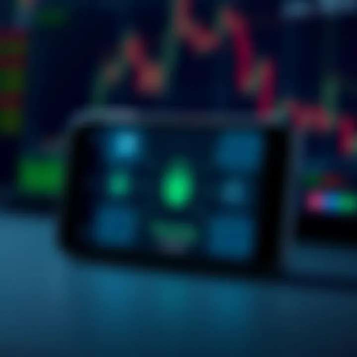 Illustration of mobile device showing key features of online trading platforms with icons representing security and market analysis