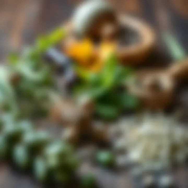 Natural herbs and plants arranged on a wooden surface representing alternative remedies