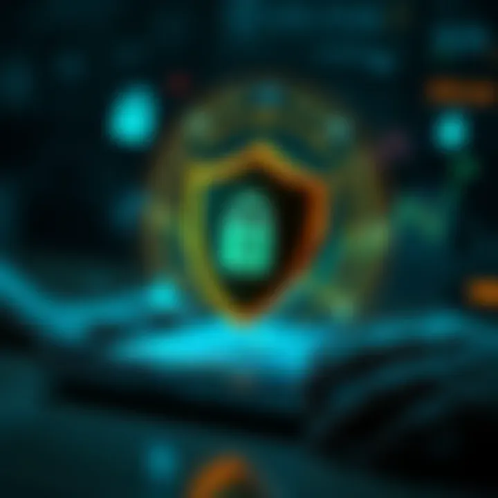 Conceptual graphic showing secure online transaction with shield and funds transfer