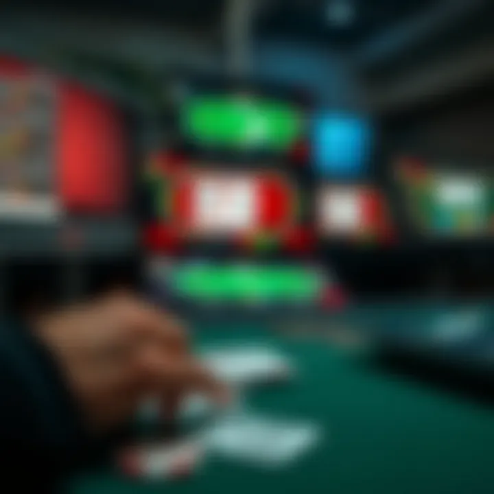 Various poker game formats displayed on digital screens and cards