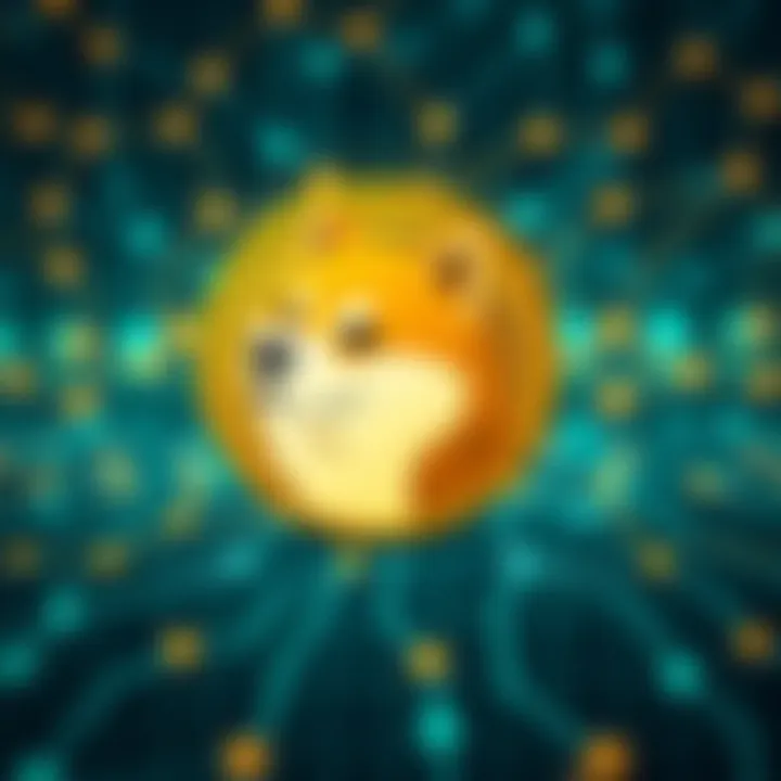 Illustration of a golden Shiba Inu dog symbolizing Dogecoin in a digital network background