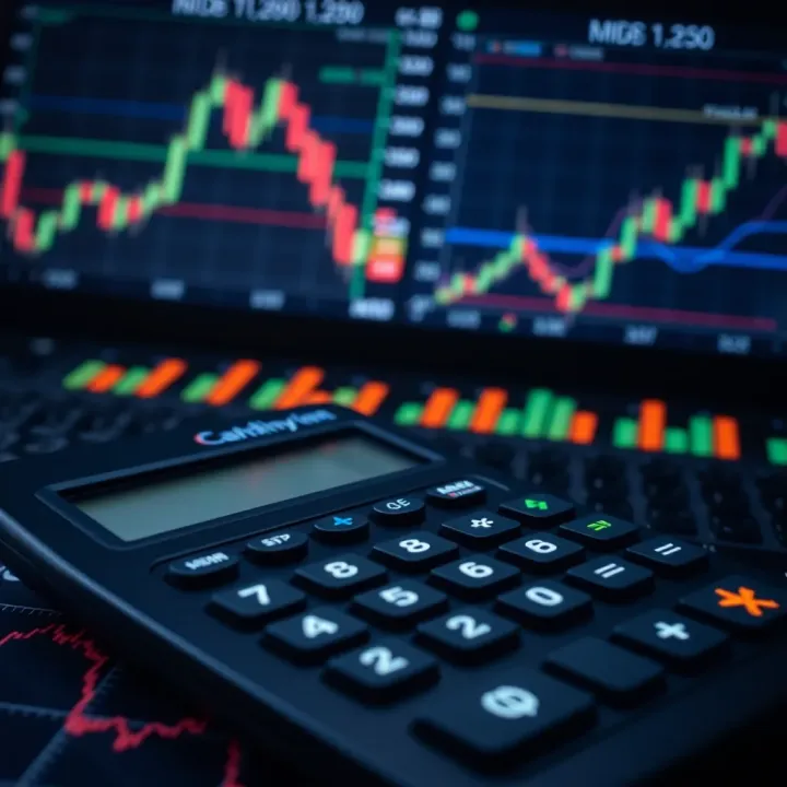 Calculator displaying trading data with financial charts and graphs
