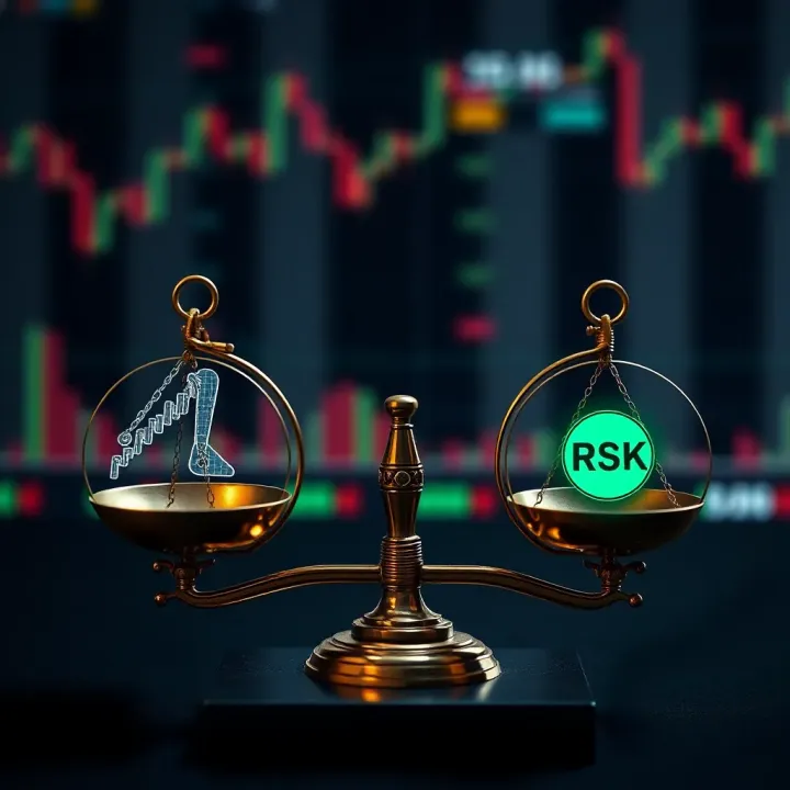 Illustration of balance scales with risk and reward symbols