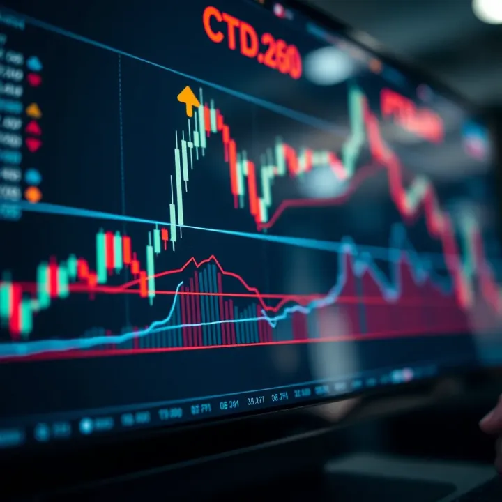 Graph showing upward trend and trading indicators on a digital platform