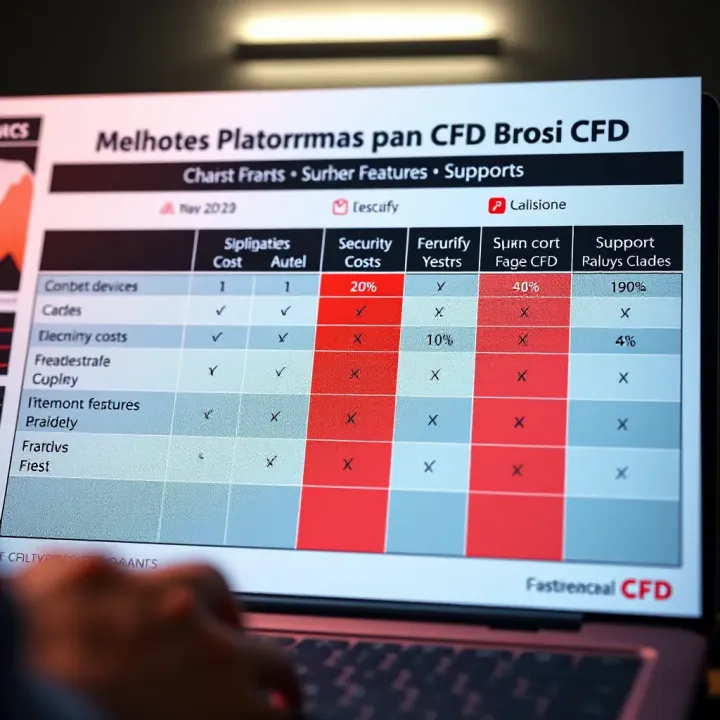 Comparative Analysis of CFD Broker Features Comparison chart showing costs, security, and support features of various CFD brokers
