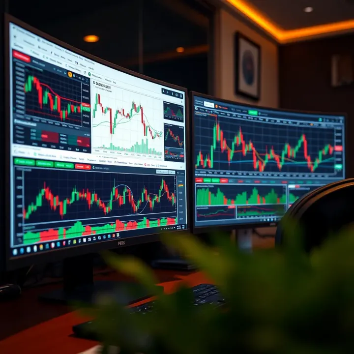 Dual curved monitors displaying financial charts and trading platform interface