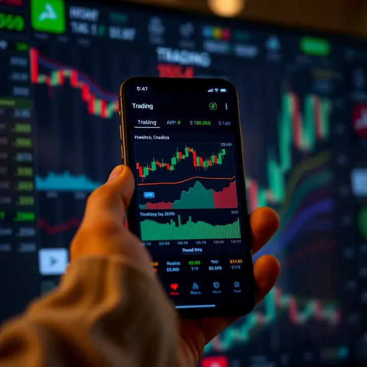 Mobile device displaying a trading app interface with charts and financial data