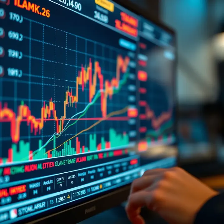 Financial Charts Displaying Market Trends for Online Trading Digital interface showing financial charts and trading graphs with upward trends