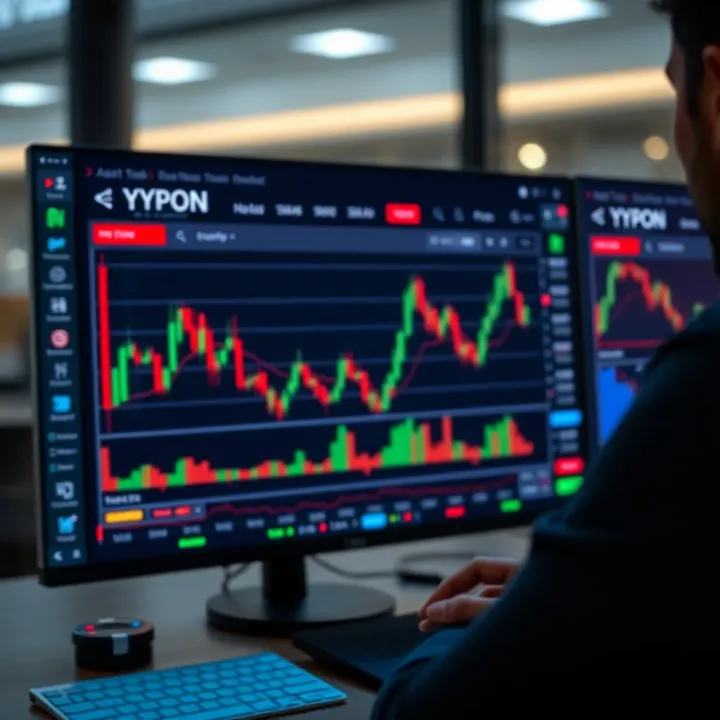 Digital interface showing binary options trading platform with charts and asset options