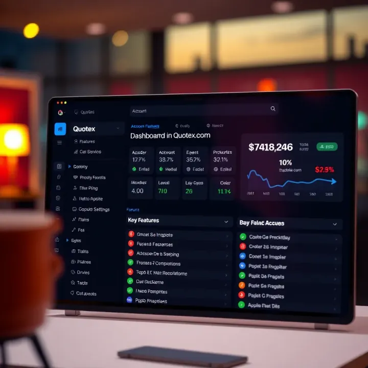 Quotex Dashboard with Account Features Dashboard showcasing key features and account settings on Quotex.com