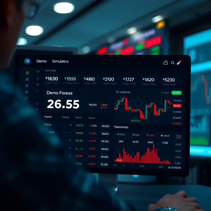 Demo Forex Account Dashboard with Trading Simulation Features Illustration of a virtual trading account dashboard displaying demo balance and trade options