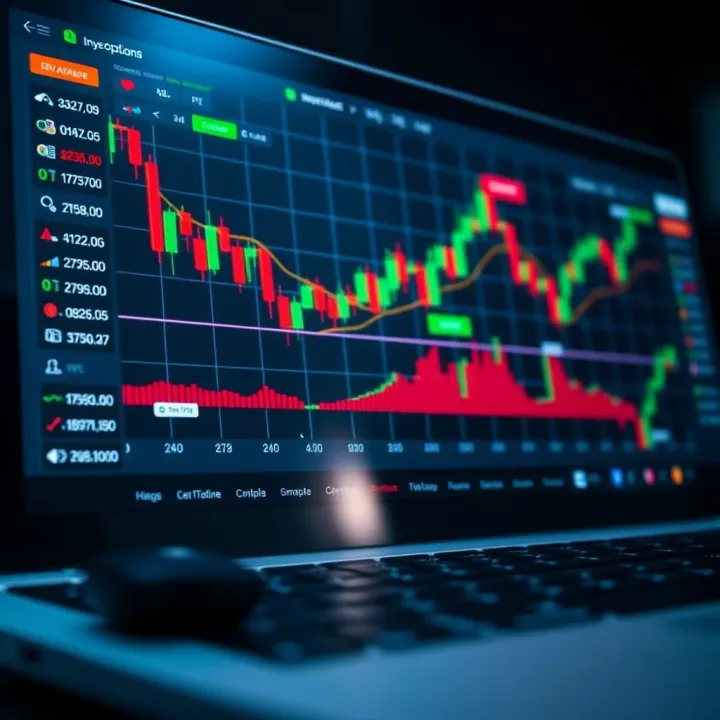 Illustration of a digital trading platform interface showing binary options charts and investment tools