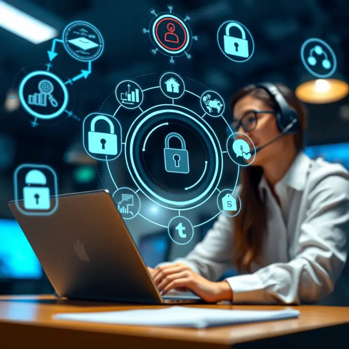 Customer support interaction with digital financial tools and secure transaction icons
