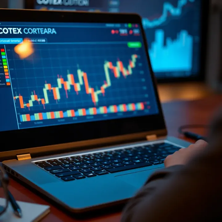 Financial chart and laptop illustrating brokerage services offered by Cotex Corretora