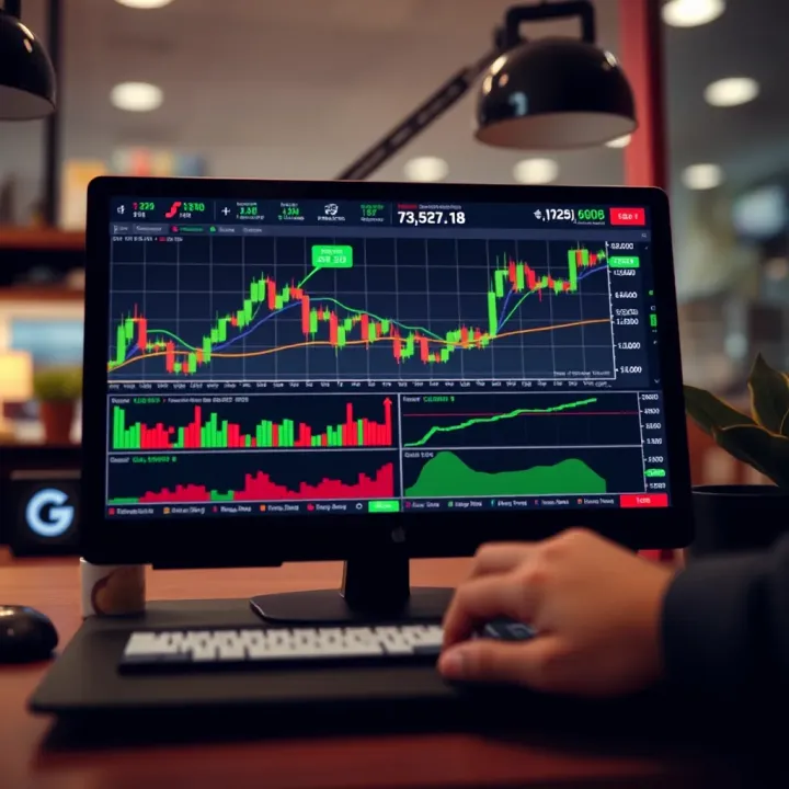 Trading platform interface displaying simulated financial charts and market data