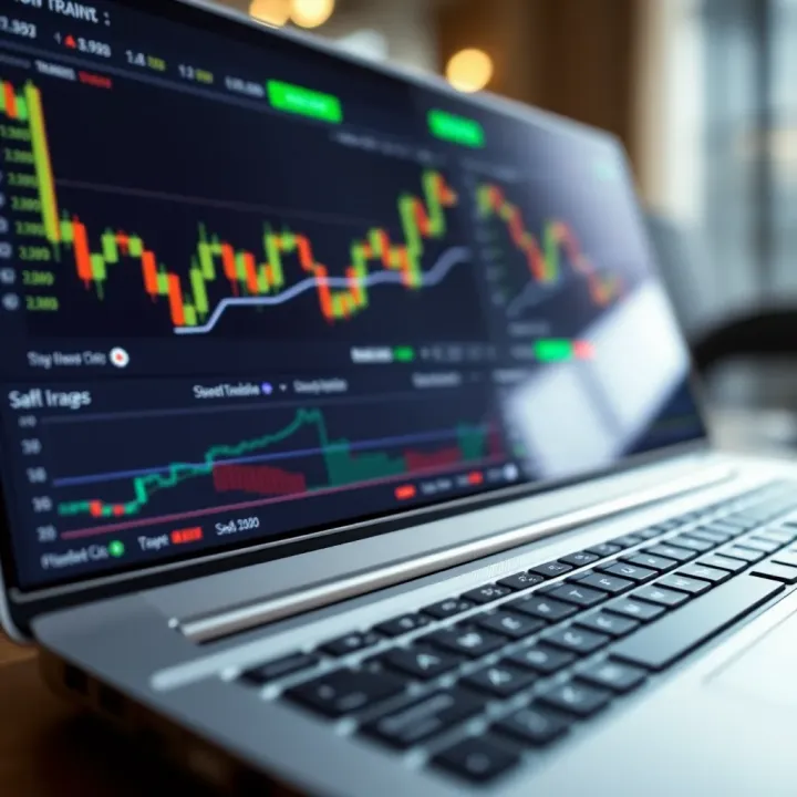Trading platform interface showing various financial charts and simulated trading options