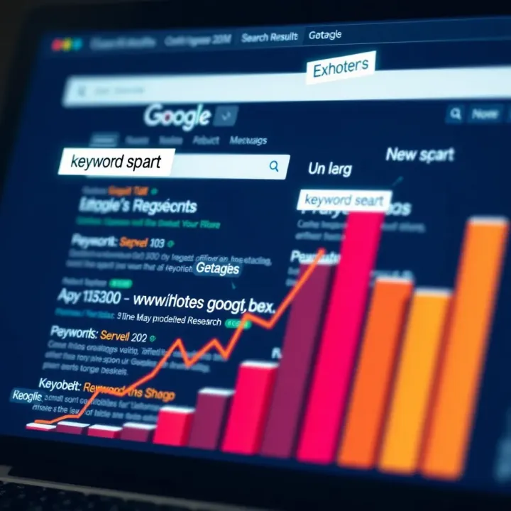 Conceptual illustration showing a website climbing up a search engine results page with keywords floating around
