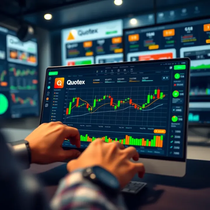 User interface displaying Quotex platform features and trading options