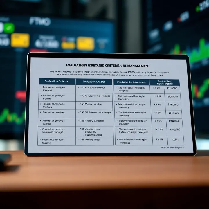 Chart showing evaluation criteria and risk management principles for traders using FTMO's funded accounts