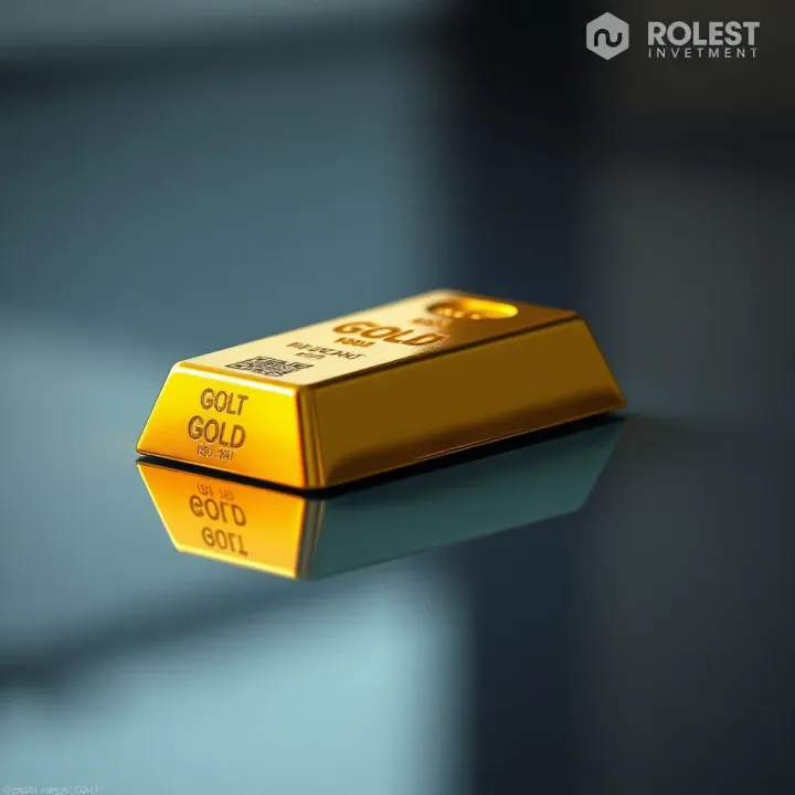 Standard gold bar resting on a reflective surface showcasing its shiny metallic finish
