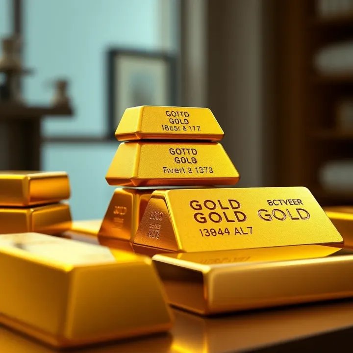 Different sizes of gold bars stacked to show standard weights and shapes