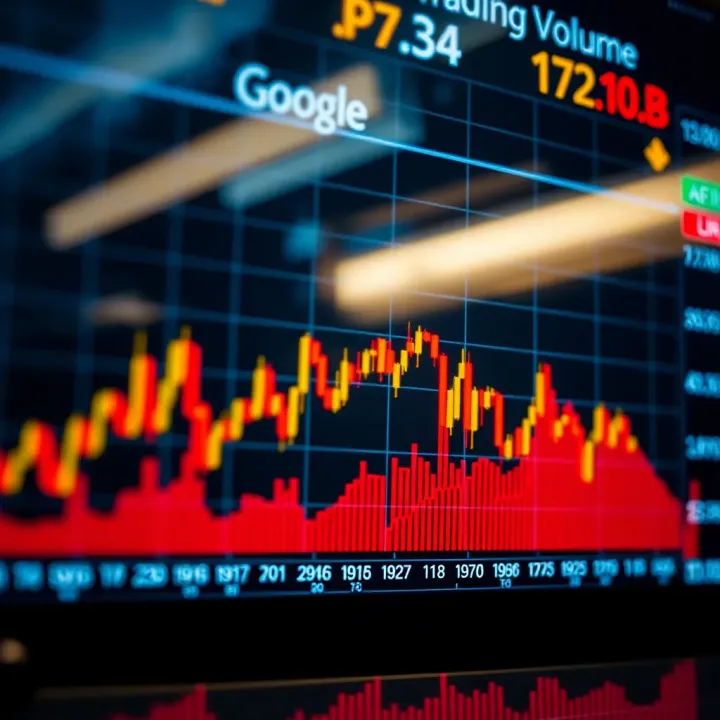 Google Stock Market Trends and Trading Volume Graph showing stock price trends and trading volume of Google shares