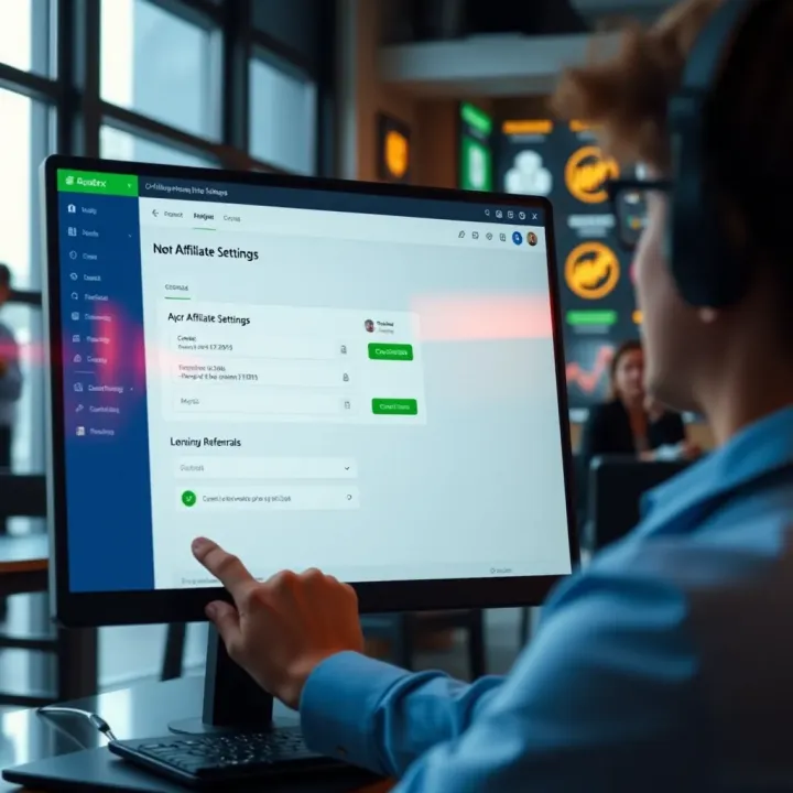 Customizing Affiliate Settings and Tracking Referrals on Quotex User interacting with options to customize affiliate settings and track referrals within Quotex platform