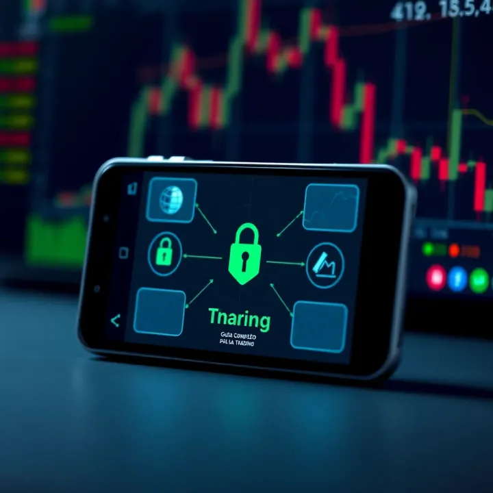 Illustration of mobile device showing key features of online trading platforms with icons representing security and market analysis