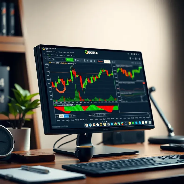 Computer screen displaying Quotex platform interface with trading charts and tools