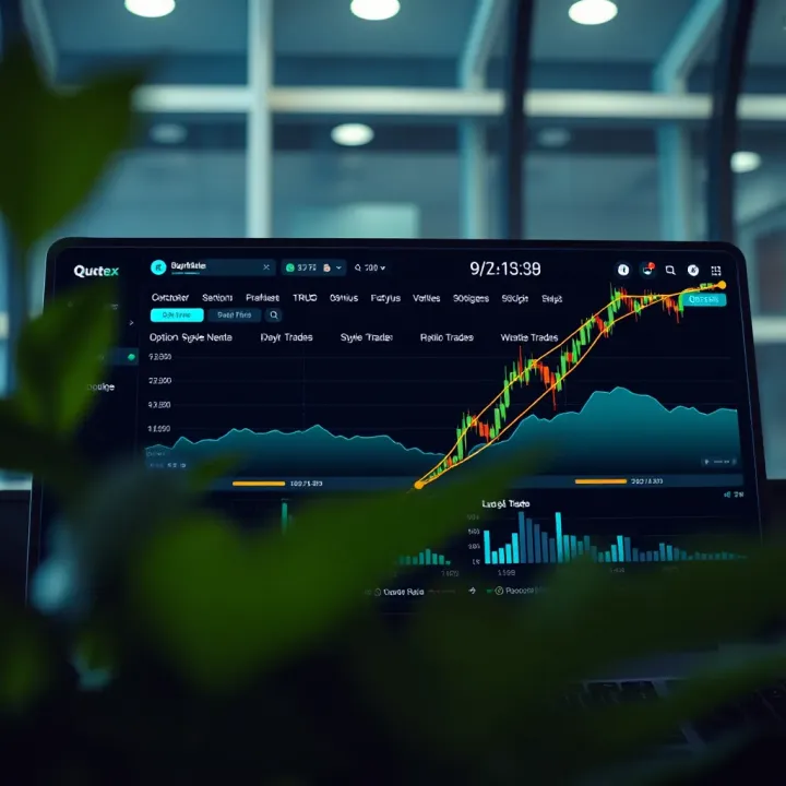 Dashboard of Quotex demo account displaying trading options and charts for practice trades