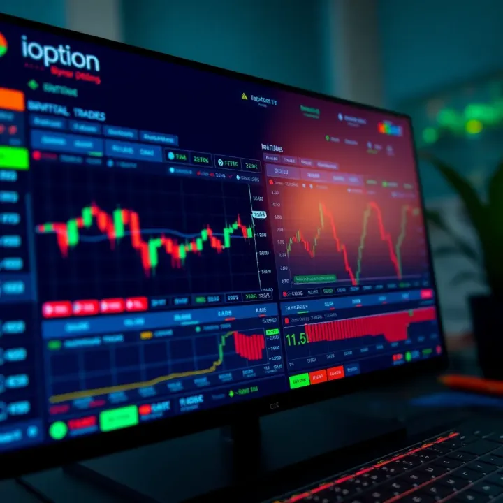 Screenshot of iOption platform dashboard showing binary options trading interface with charts and trade options