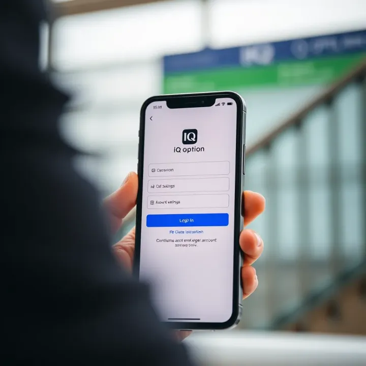 Mobile device displaying IQ Option app with secure login screen and account settings