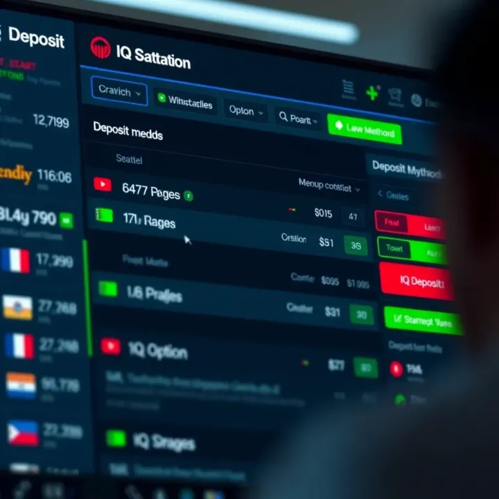 User interface of IQ Option platform showing deposit methods and options