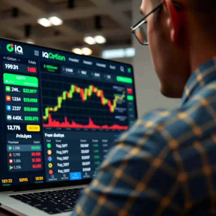 Interface of IQ Option platform showing various financial assets and trading options
