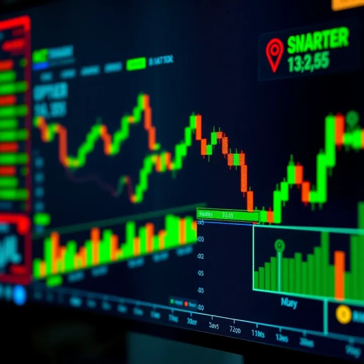 Illustration of binary options trading with charts and financial symbols on a digital screen