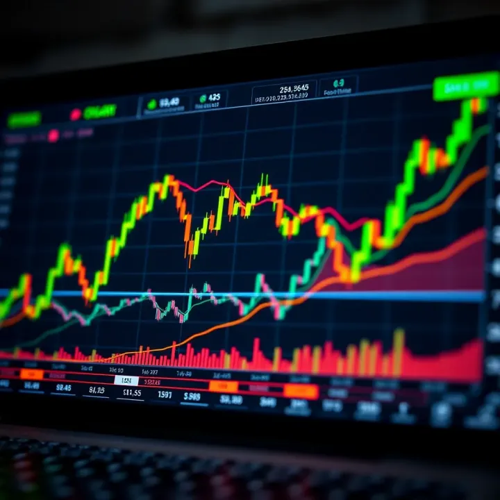 Graph showing the concept of binary options trading with financial charts and upward trends