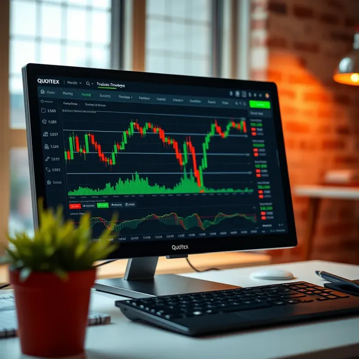 Computer screen displaying the Quotex trading platform interface with charts and options