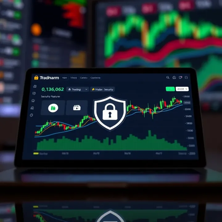 Illustration of a digital device displaying a trading dashboard with security icons