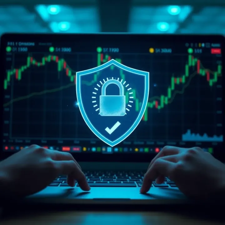 Illustration of secure online transaction with shield and checkmark symbolizing safety in trading
