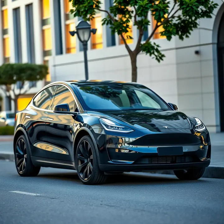 Tesla Model Y Electric SUV Exterior Design in Urban Setting Tesla Model Y electric SUV parked in urban environment showcasing sleek design and aerodynamic features