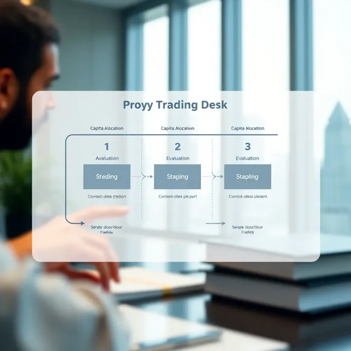 Diagram illustrating the proprietary trading desk model of FTMO with capital allocation and evaluation stages
