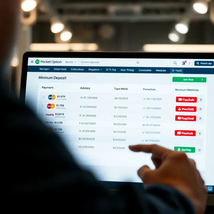 Pocket Option Platform Displaying Minimum Deposit and Payment Methods Interface of Pocket Option platform showing minimum deposit options and payment methods
